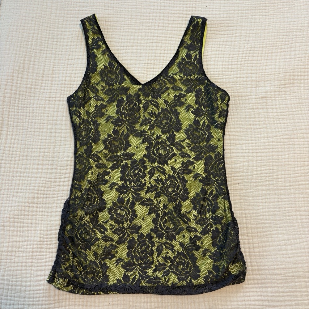 Vintage Y2K Wet Seal Lace Cami Overlay Tank Top Medium Neon Green Punk Grunge - Picture 5 of 7